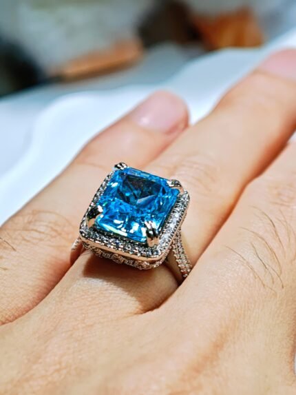 sparkling square diamond sugar ocean blue ring